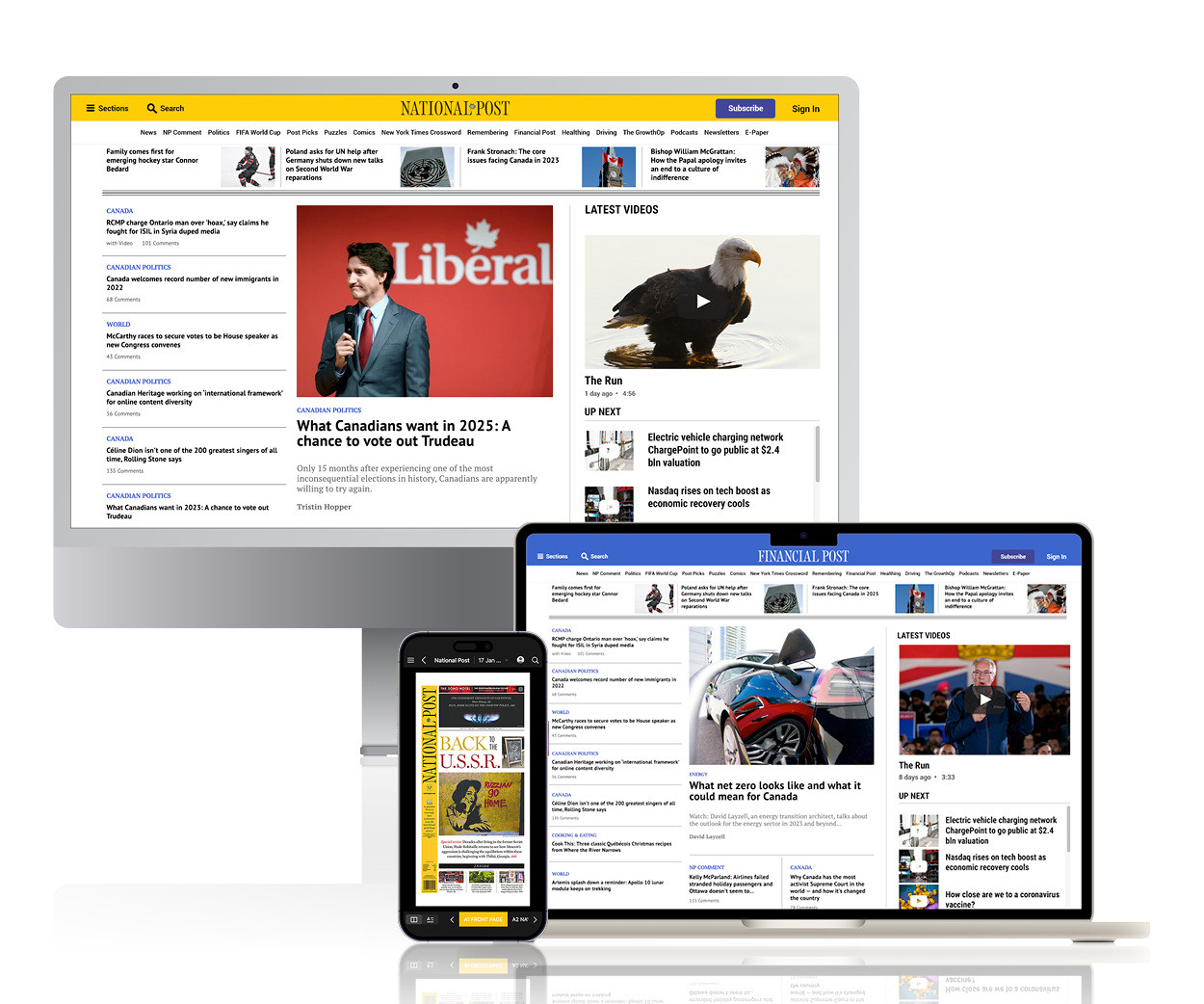 Le journal National Post sur les écrans d'un ordinateur de bureau, d'un ordinateur portable et d'un téléphone portable