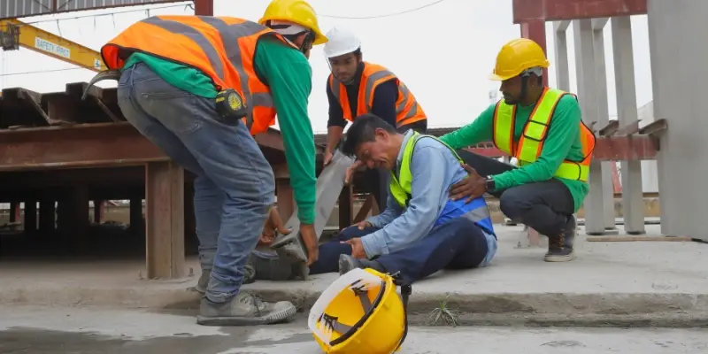 Three construction workers aiding their colleague who's foot is stuck under a metal beam.