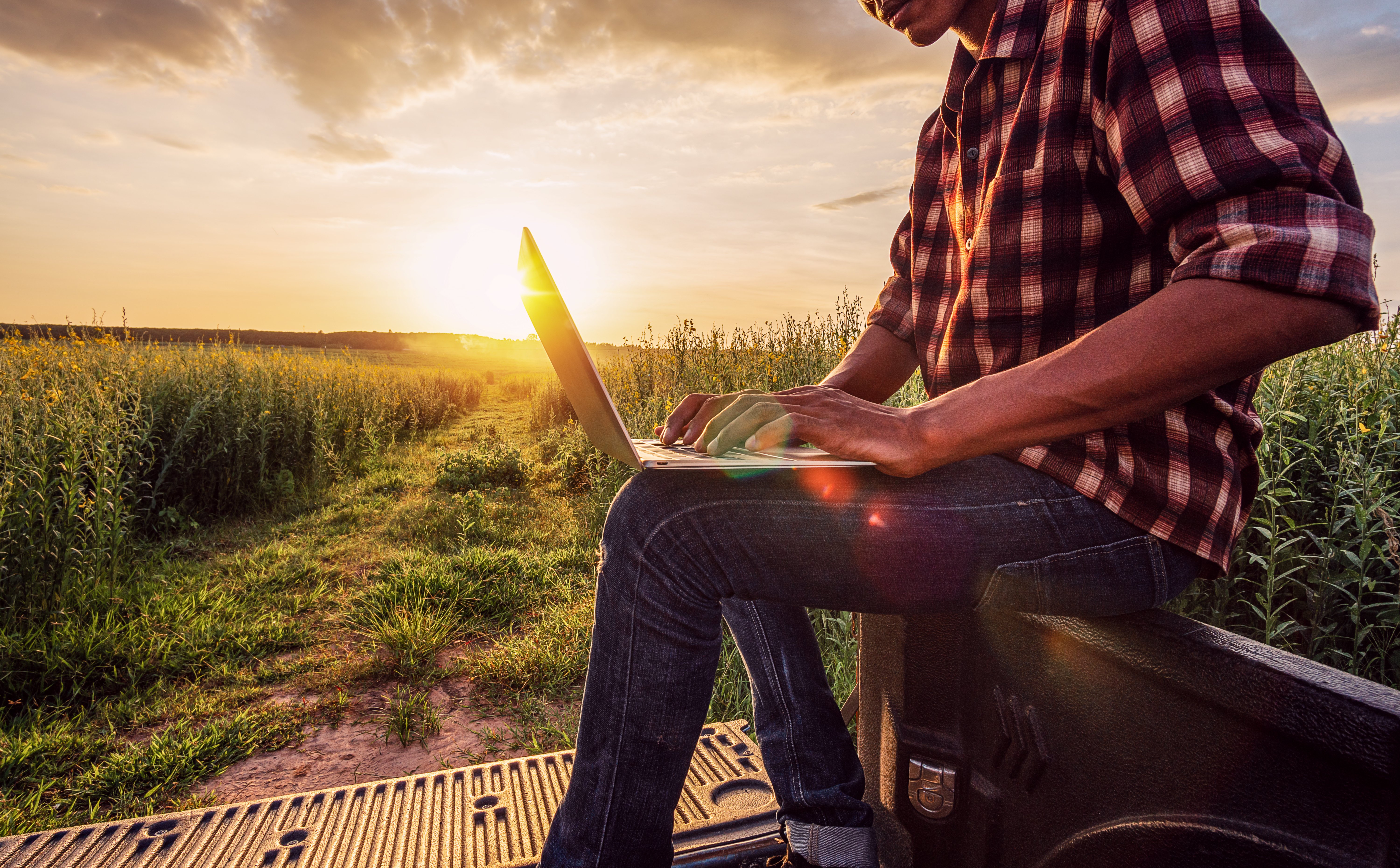 Farmer on laptop in field