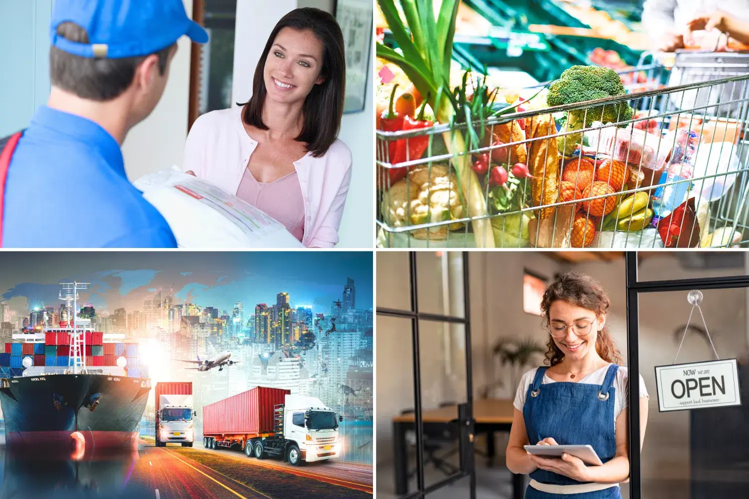 Images of 1. a package being delivered 2. customer shopping inside a grocery store 3. trucks, shipments, containers, airplanes 4. small business owner working on her tablet