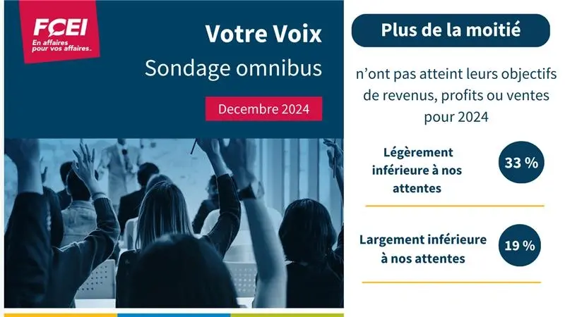 Votre Voix - Sondage omnibus - Décembre 204 - Plus de la moitie n’ont pas atteint leurs objectifs de revenus, profits ou ventes pour 2024. 33% légèrement inférieure à nos attentes. 19% largement inférieure à nos attentes.